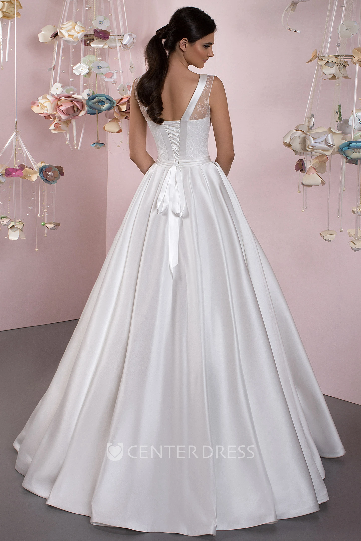 A-Line Lace Sleeveless Scoop Floor-Length Satin Wedding Dress With Lace-Up Back And Bow