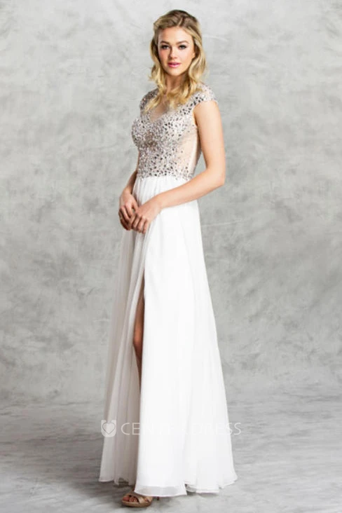 Sheath Maxi Jewel-Neck Cap-Sleeve Chiffon Illusion Dress With Split Front And Beading
