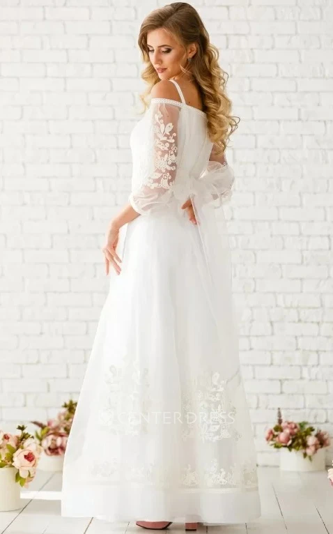 Simple Off-the-shoulder A Line Tulle 3/4 Length Sleeve Floor-length Wedding Dress with Ruching