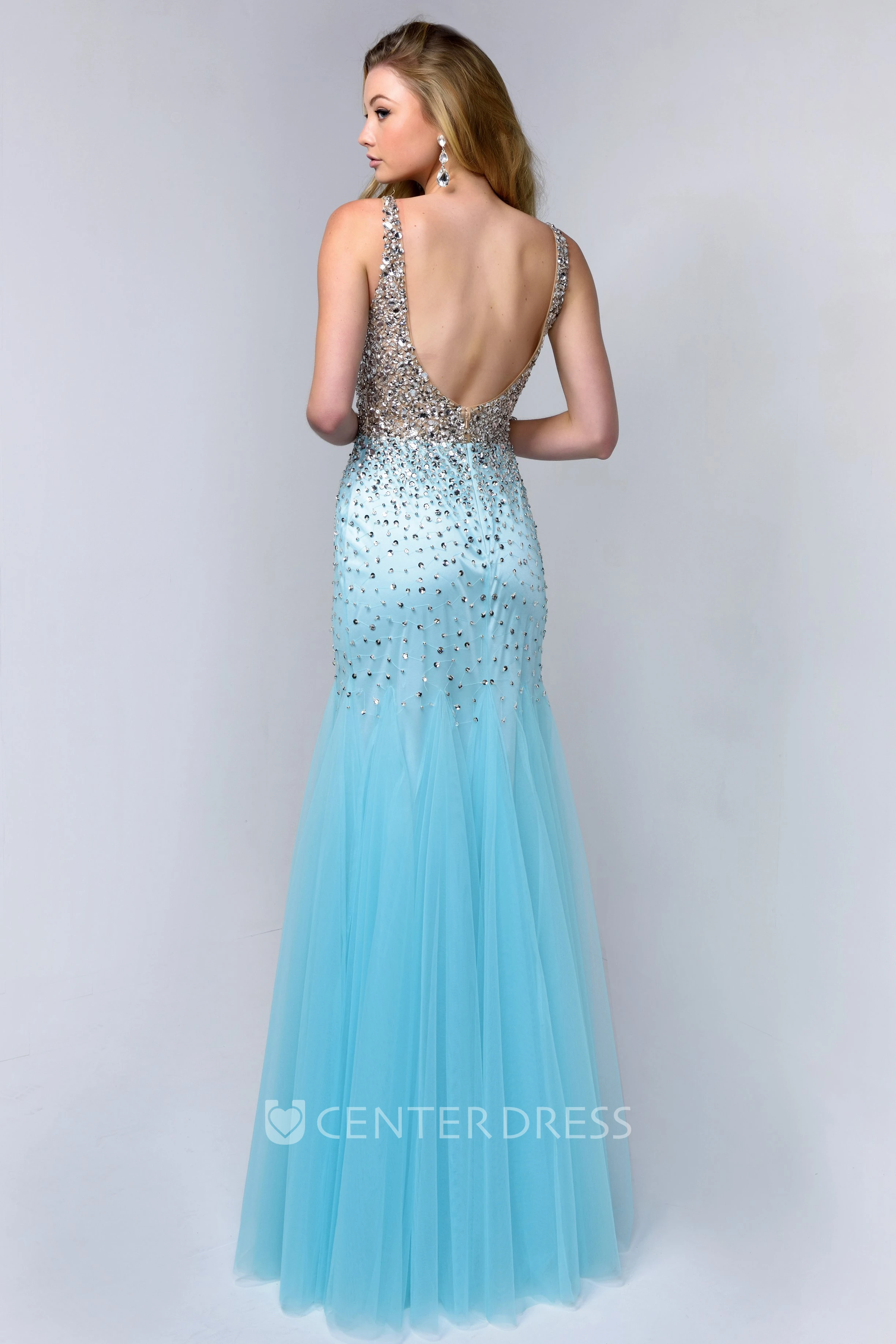 Mermaid V-Neck Sleeveless Tulle Low-V Back Dress With Beading And Pleats