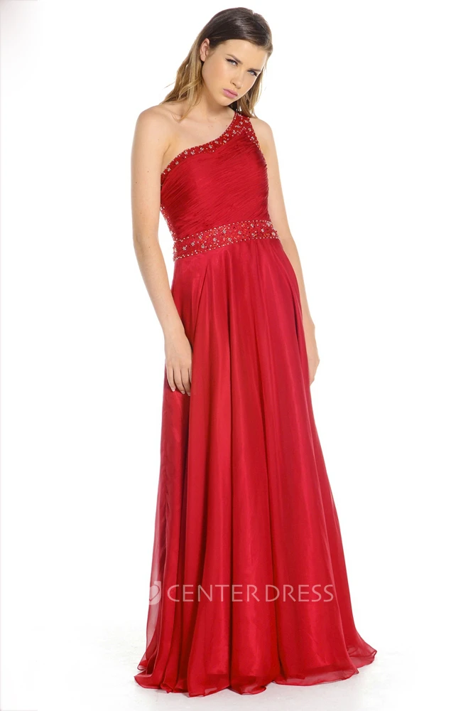One-Shoulder Ruched Sleeveless Chiffon Prom Dress With Beading And Straps