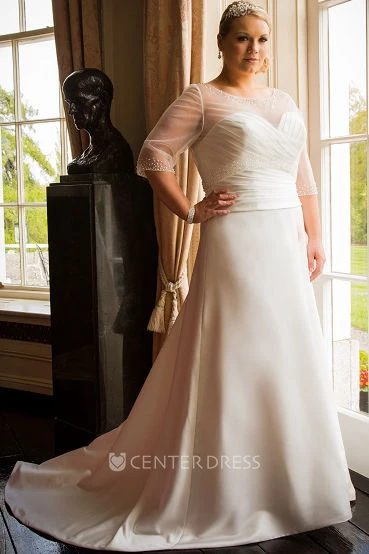 Jewel Neck A-Line Taffeta Bridal Gown With Tulle Half-Sleeve Top