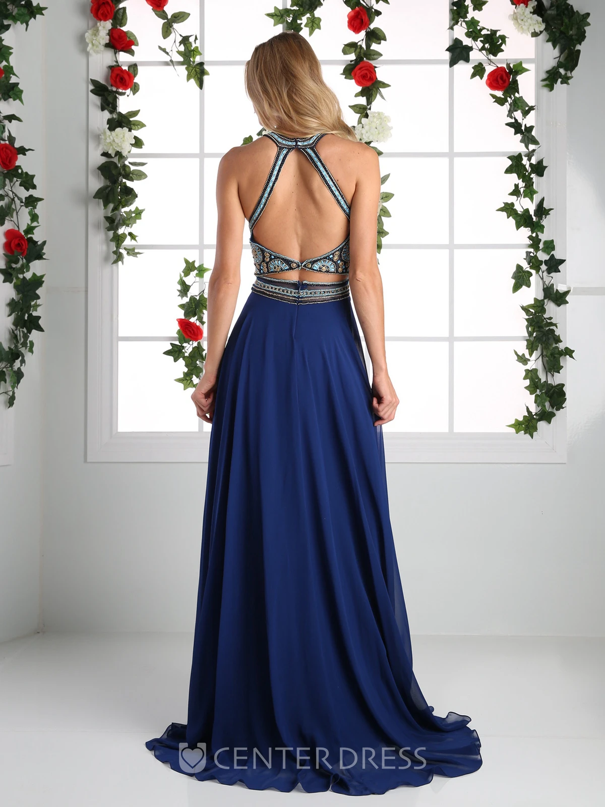 A-Line Long Scoop-Neck Sleeveless Chiffon Straps Dress With Beading And Pleats