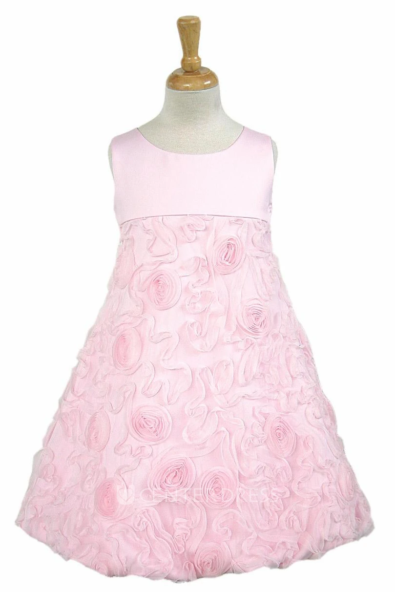Tea-Length Sleeveless Bowed Satin Flower Girl Dress