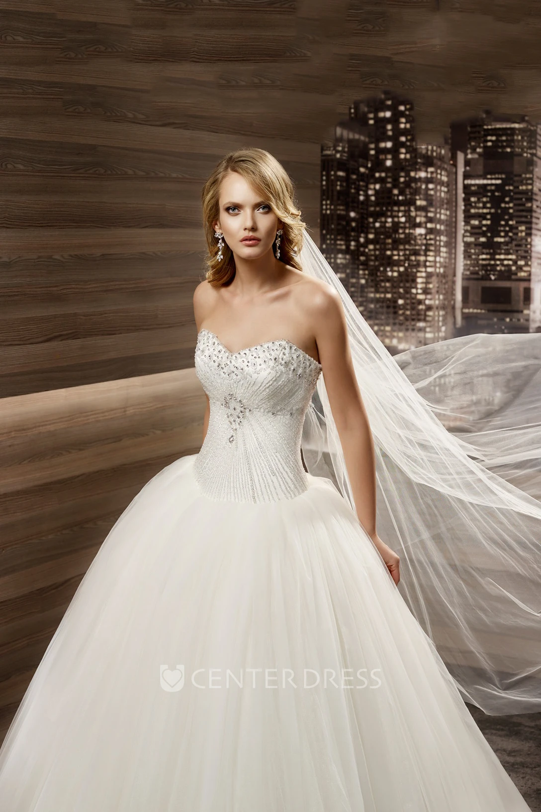 Sweetheart Pleated A-line Wedding Gown with Beaded Bodice and Puffy Skirt 