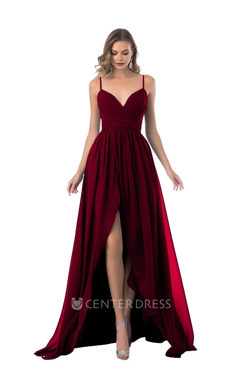 Romantic Chiffon A-Line Spaghetti Bridesmaid Dress with Front Split Elegant Wedding Dress 2026