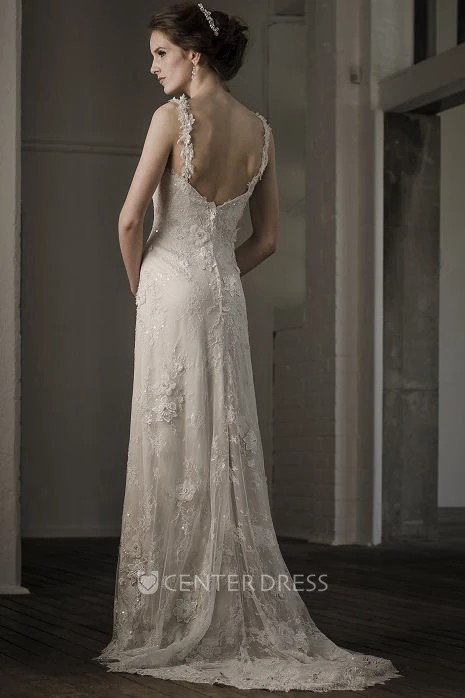 Sheath Spaghetti Floor-Length Sleeveless Appliqued Lace Wedding Dress With Deep-V Back And Flower