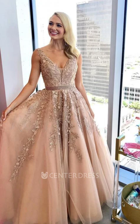 Modern V-neck A Line Floor-length Sleeveless Tulle Formal Dress with Appliques