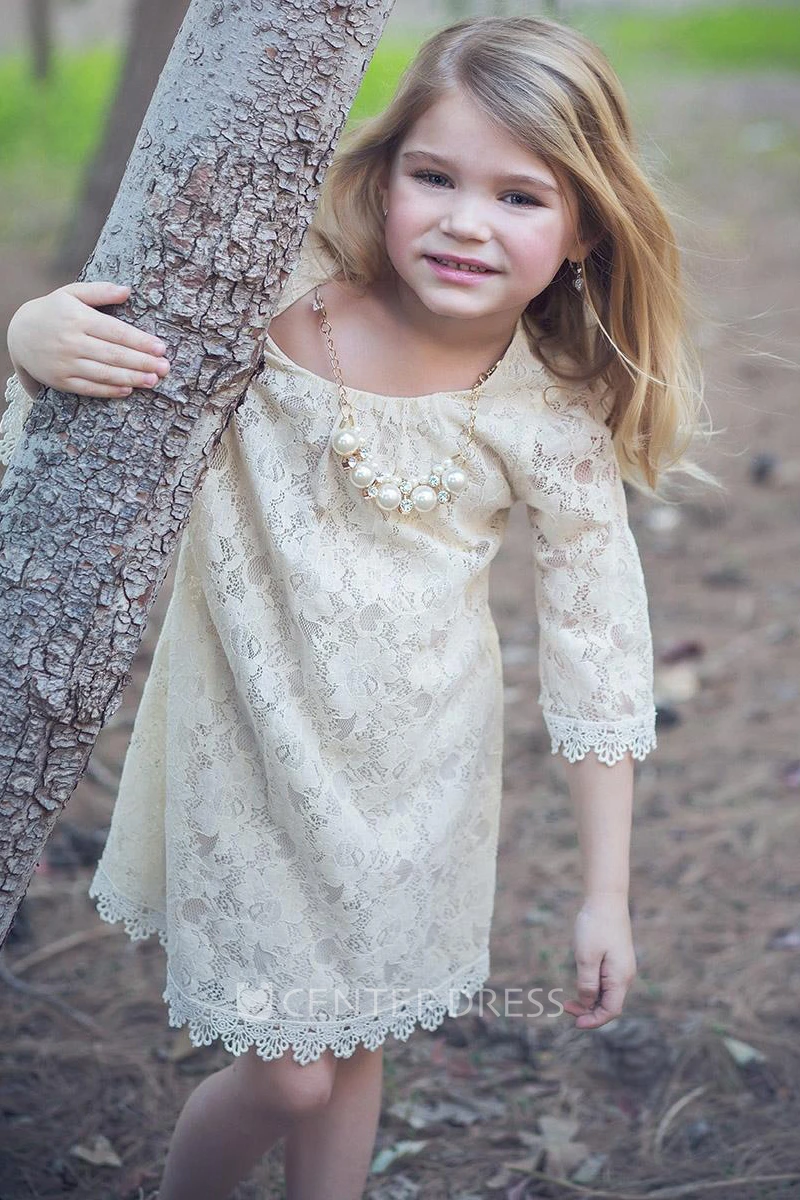 Tea-Length Scalloped Beaded Lace Flower Girl Dress
