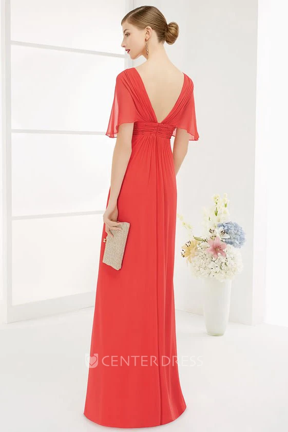 V Neck V Back Empire A-Line Chiffon Long Prom Dress With Wrap Sleeves