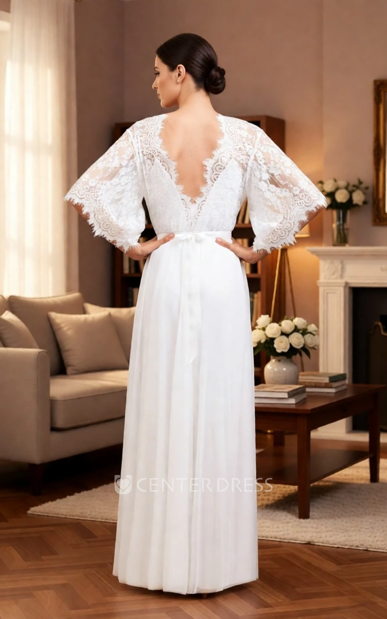 Flutter Sleeve Boho Lace Wedding Dress A-Line V-Neck Destination Bridal Gown