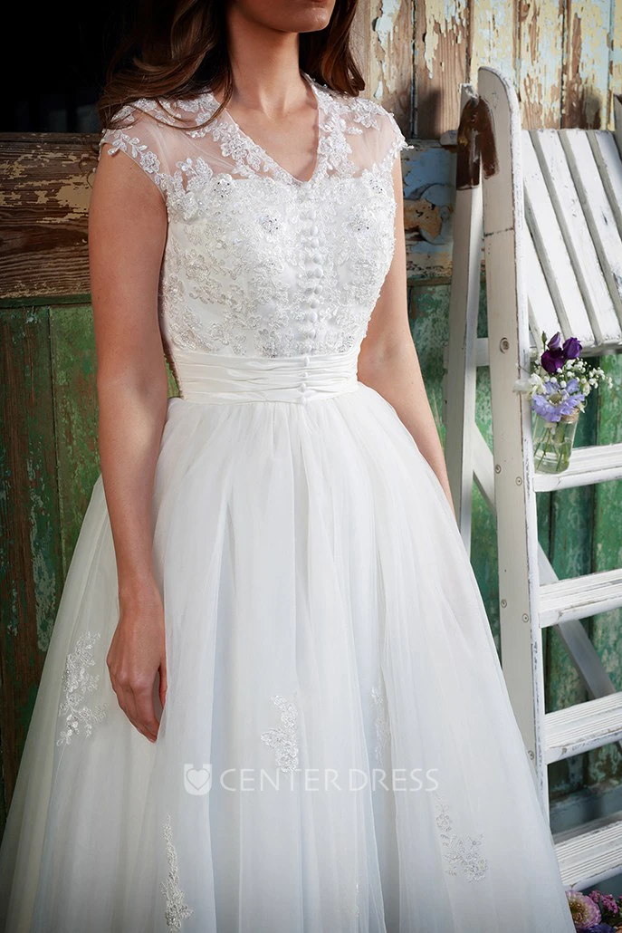 A-Line Tea-Length V-Neck Appliqued Cap-Sleeve Tulle&Lace Wedding Dress