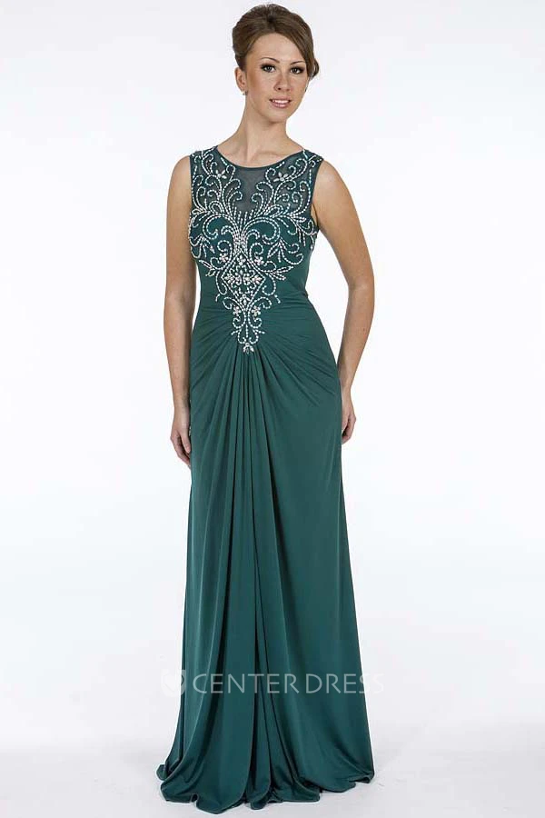 Sheath Beaded Floor-Length Sleeveless Scoop-Neck Chiffon Prom Dress With Draping