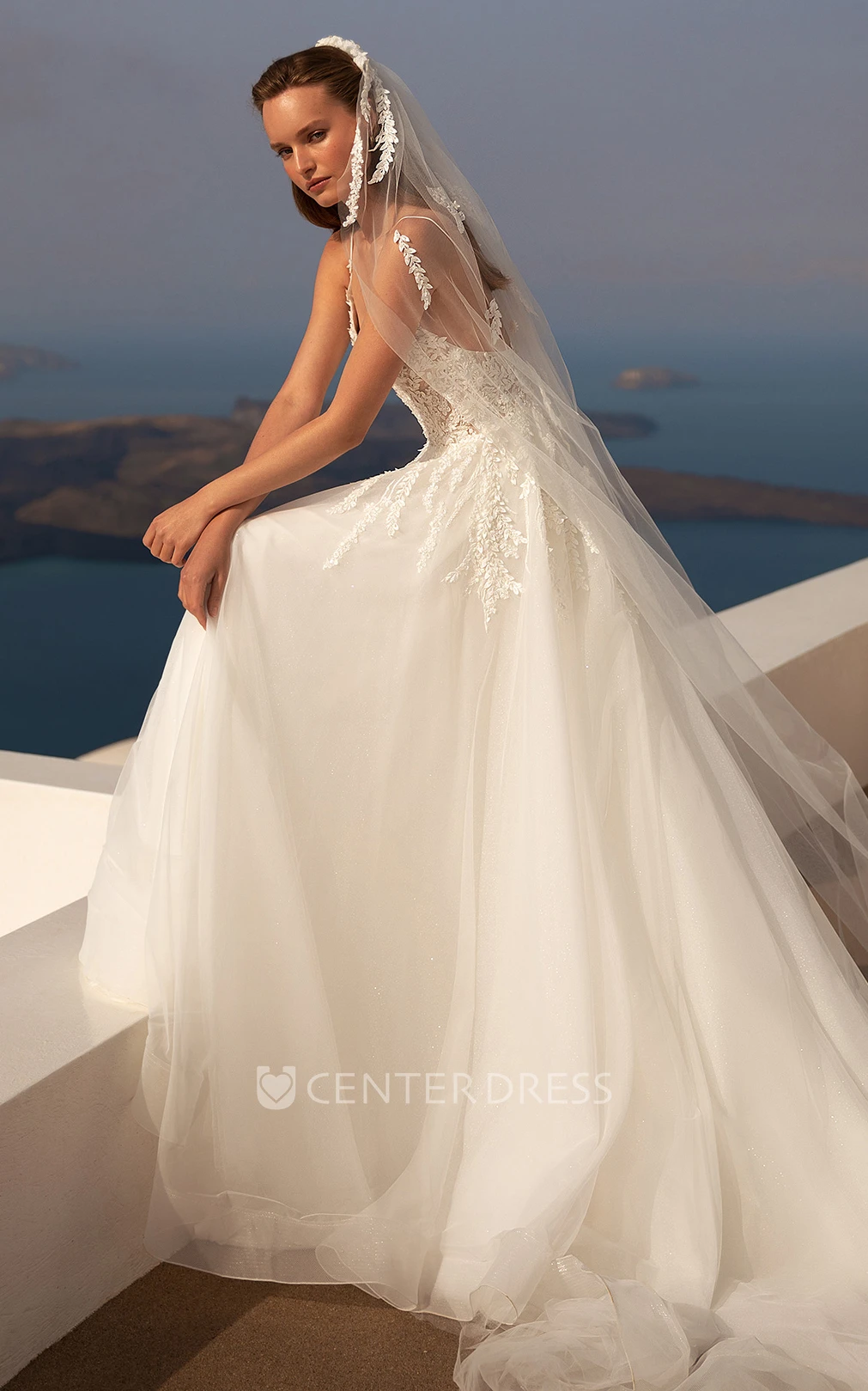 Romantic Spaghetti A-Line Lace Tulle Wedding Dress With Open Back And Appliques