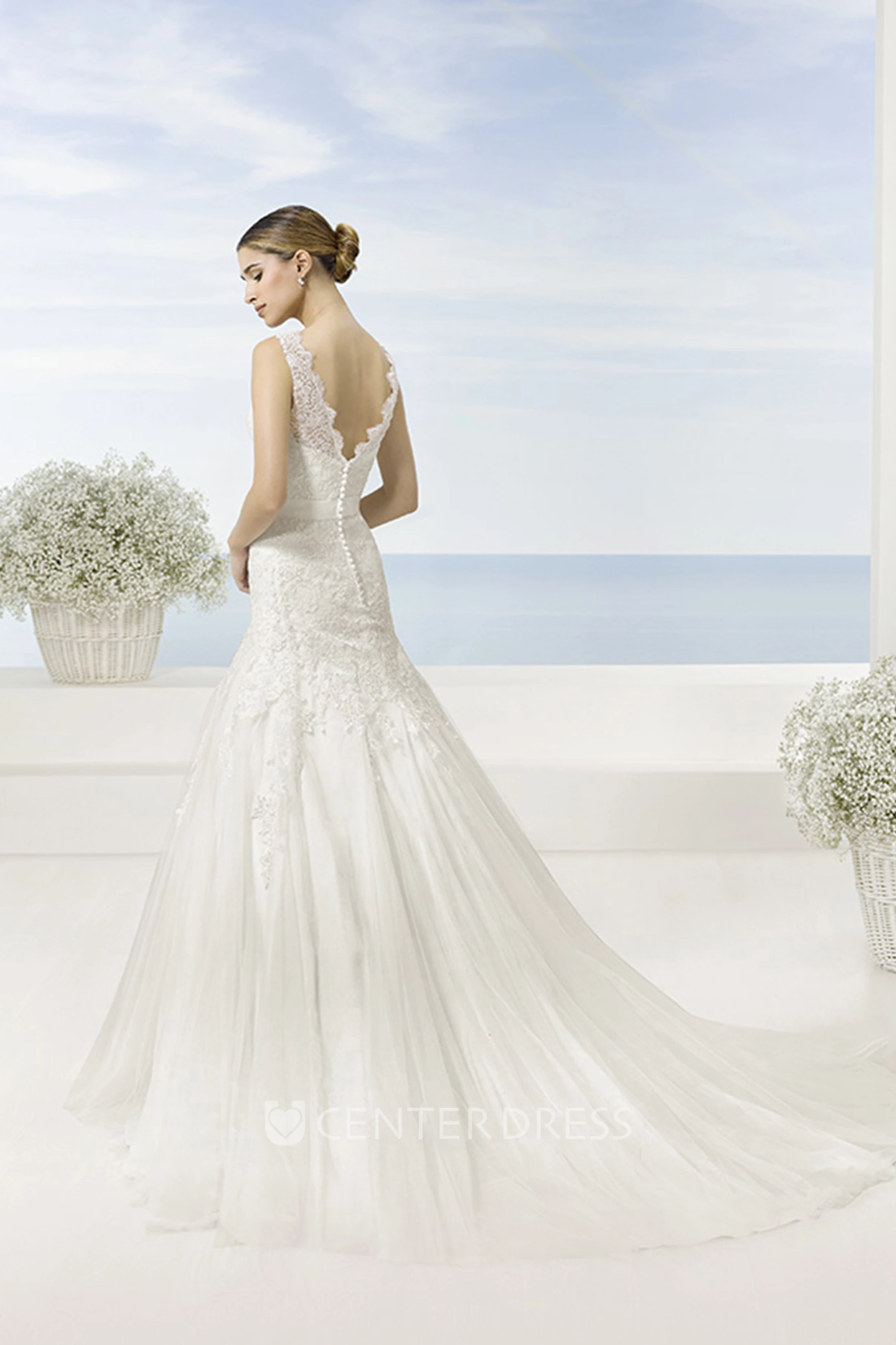 A-Line V-Neck Sleeveless Appliqued Long Lace&Tulle Wedding Dress With Waist Jewellery And Pleats