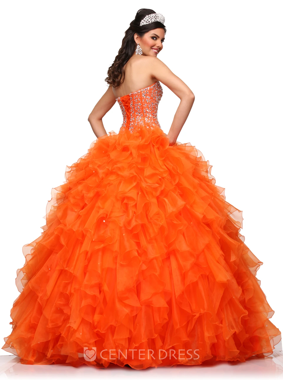 A-Line Sweetheart Sleeveless Chiffon Ball Gown With Cascading Ruffles And Crystal Bodice