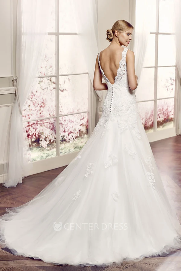 A-Line Sleeveless V-Neck Floor-Length Appliqued Lace Wedding Dress With Deep-V Back And Court Train
