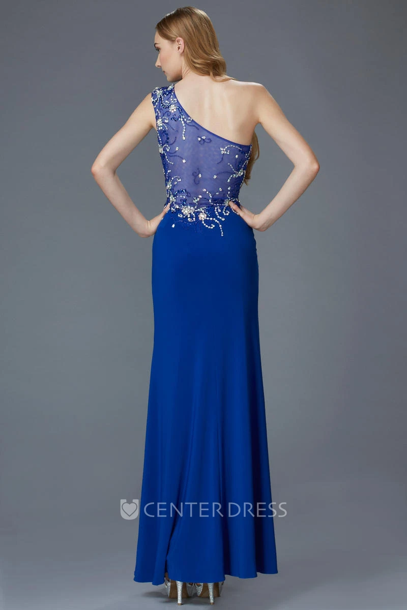 Sheath One-Shoulder Sleeveless Jersey Illusion Dress With Beading