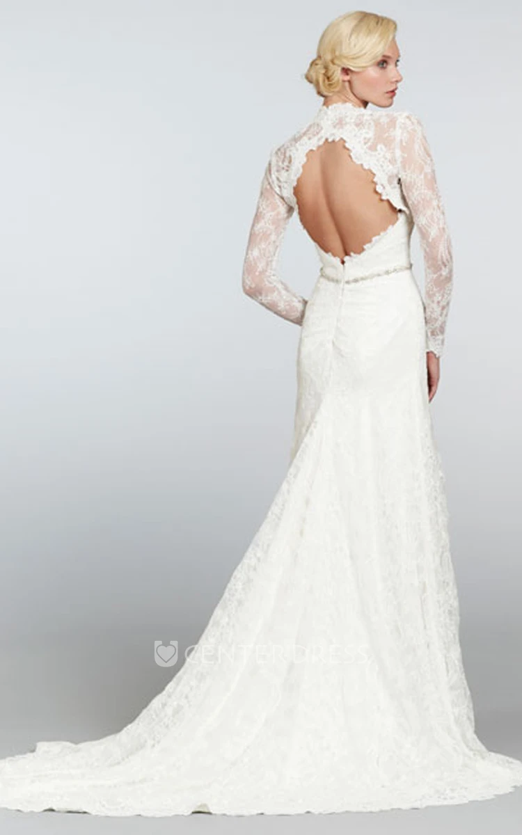 Demure Long Lace Dress With Detachable Long Sleeve Lace Bolero