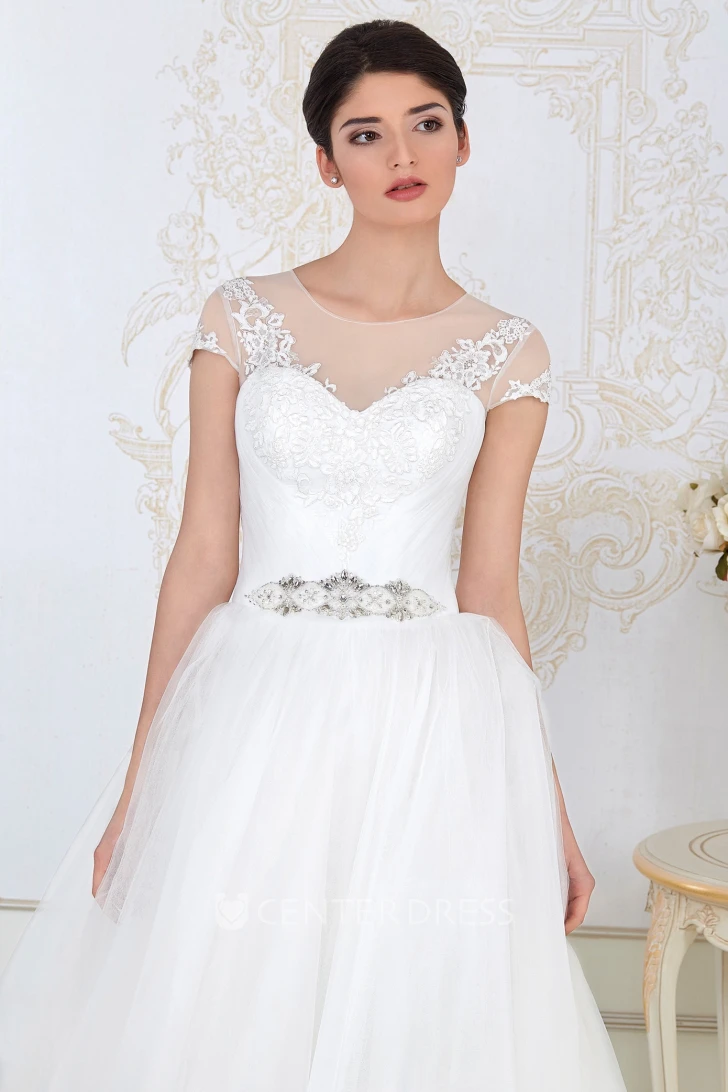 A-Line Short-Sleeve Appliqued Long Scoop-Neck Tulle Wedding Dress With Beading And Waist Jewellery