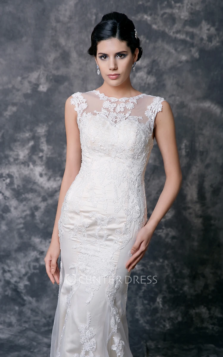 Mermaid Sleeveless High Neck Lace Wedding Dress with Court Train