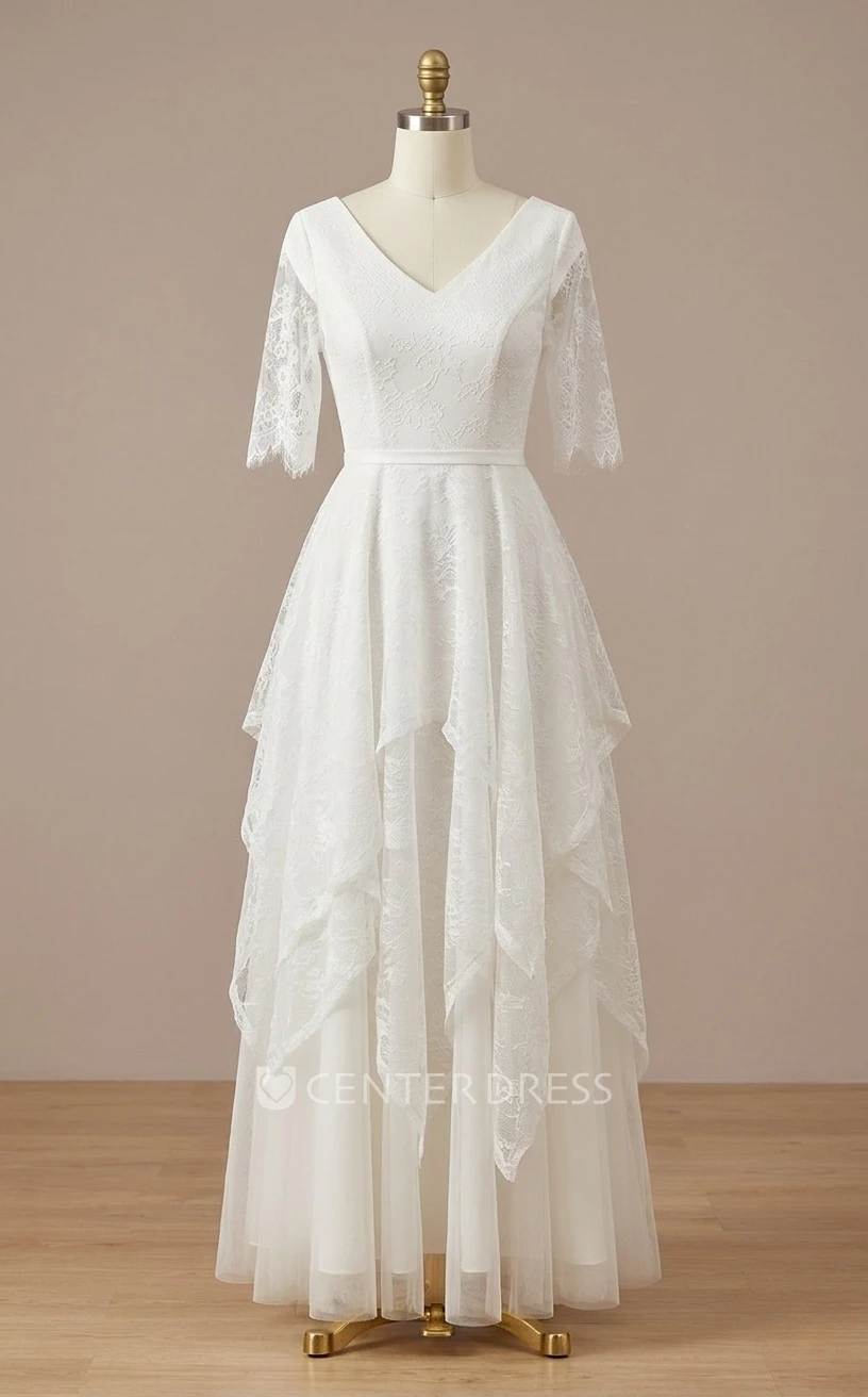 Bohemian A Line Half Sleeve V-neck Lace Country Spring Wedding Dress