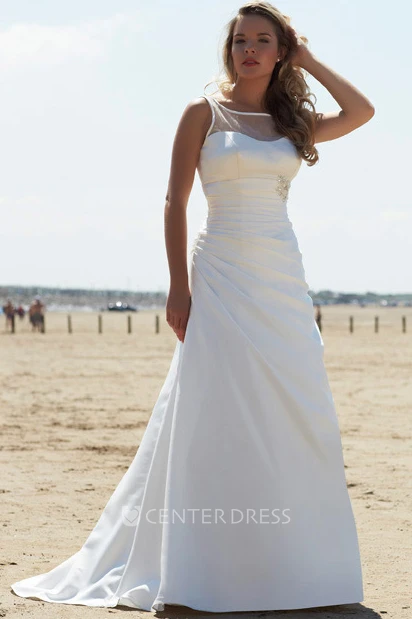 Sheath Broach Bateau-Neck Floor-Length Sleeveless Chiffon Wedding Dress With Side Draping