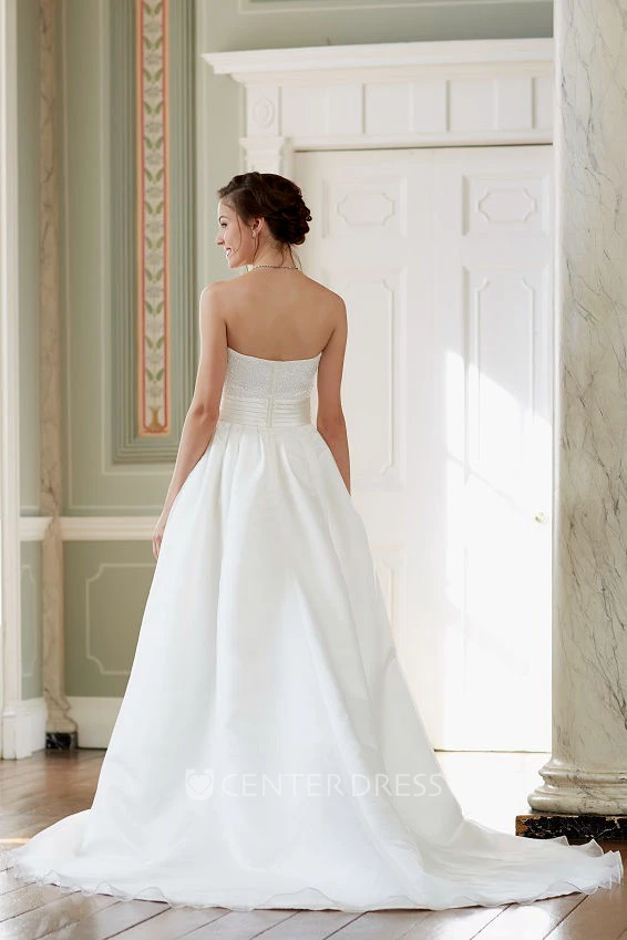 A-Line Beaded Strapless Sleeveless Long Satin Wedding Dress With Backless Style And Court Train