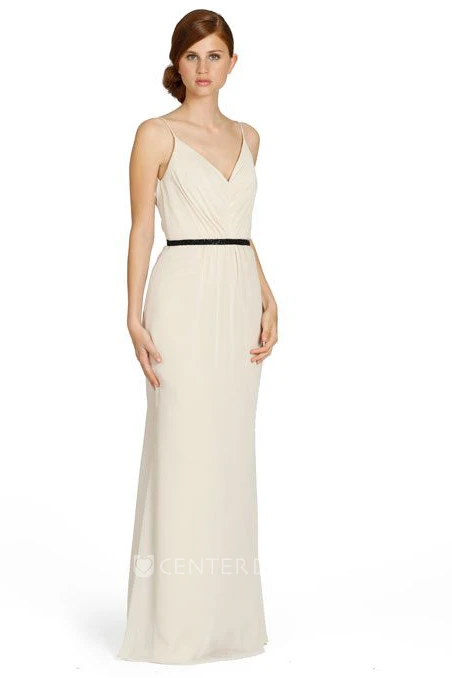 Spaghetti Long Sleeveless Ruched Chiffon Bridesmaid Dress