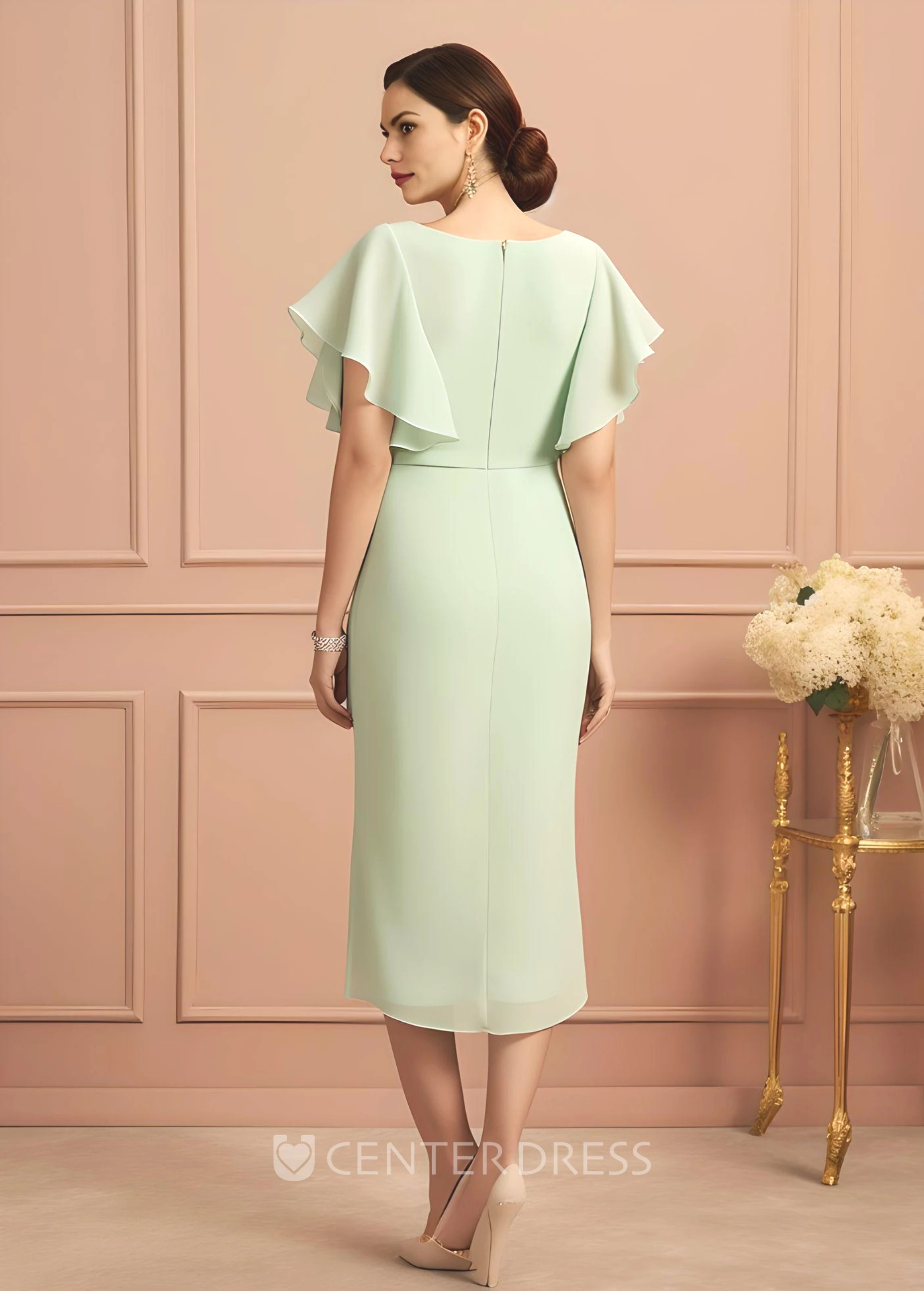 Bohemian Chiffon Sheath Mother of the Bride Dress Tea-length Elegant V-neck