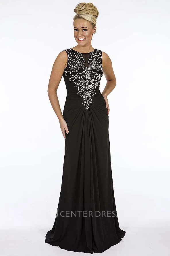 Sheath Sleeveless Beaded Scoop Long Chiffon Prom Dress With Illusion Back And Draping