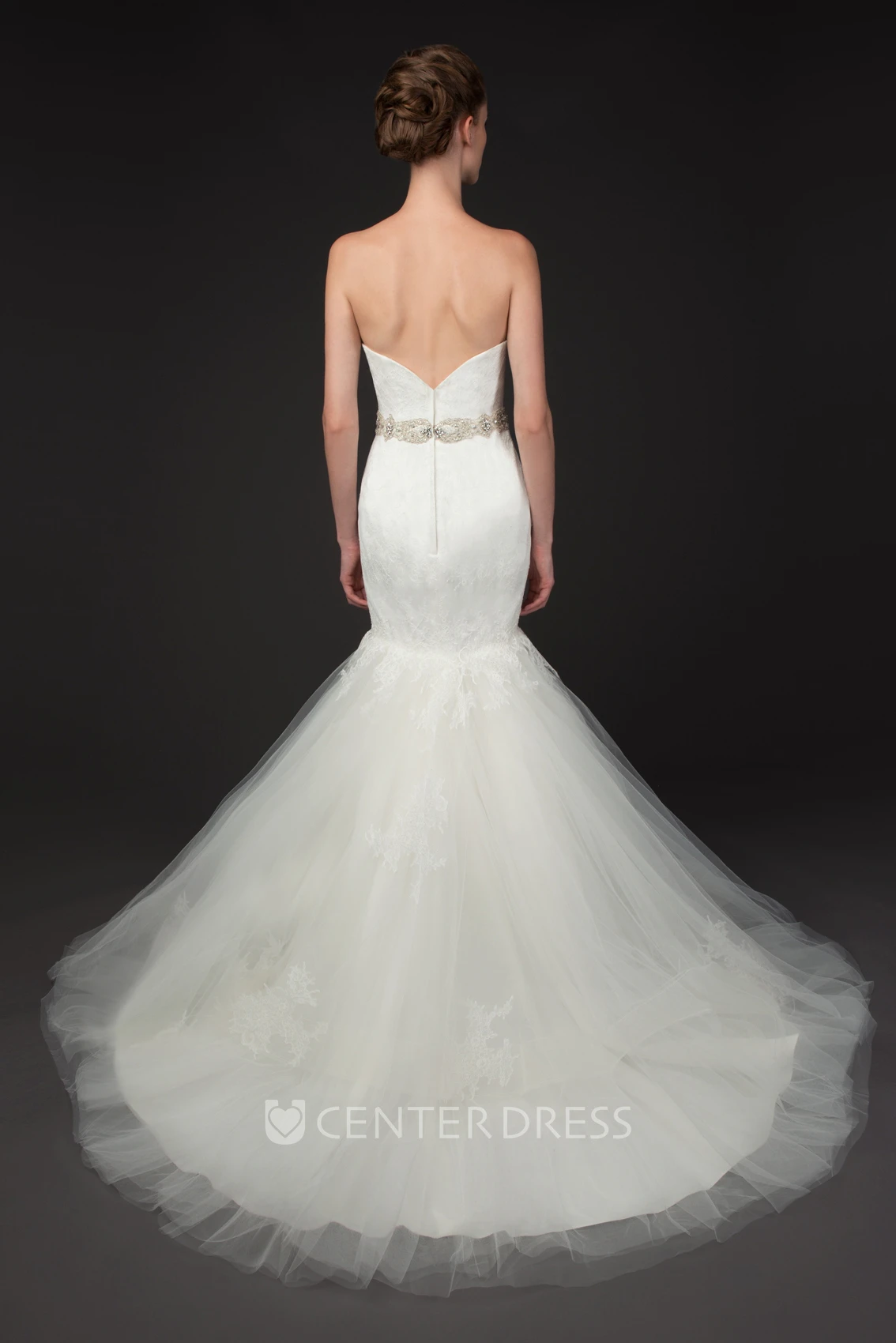 Mermaid Ruffled Strapless Sleeveless Maxi Lace&Tulle Wedding Dress With Deep-V Back And Waist Jewellery
