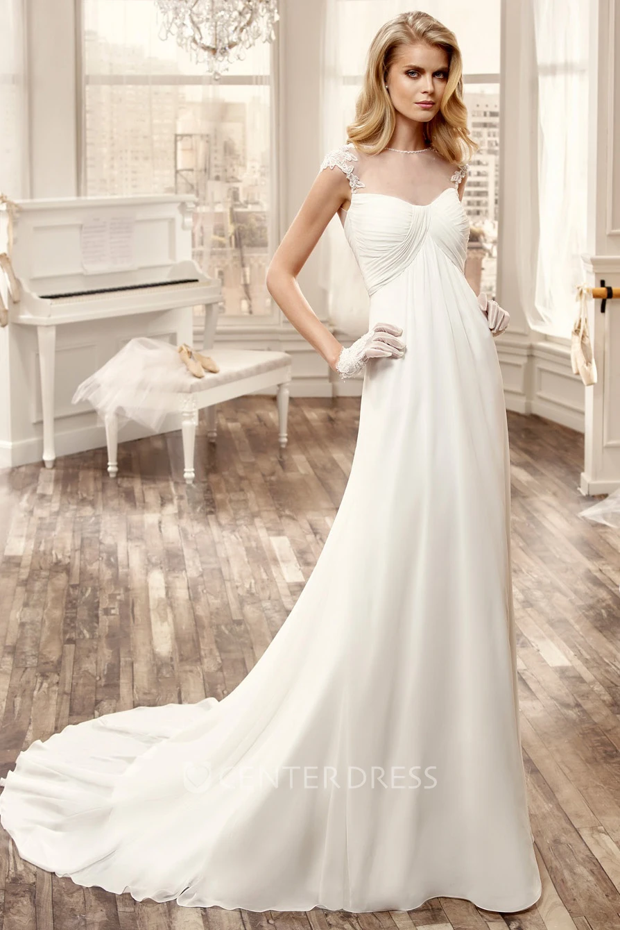 Cap-Sleeve Chiffon Long Wedding Dress With Pleated Bust And Brush Train