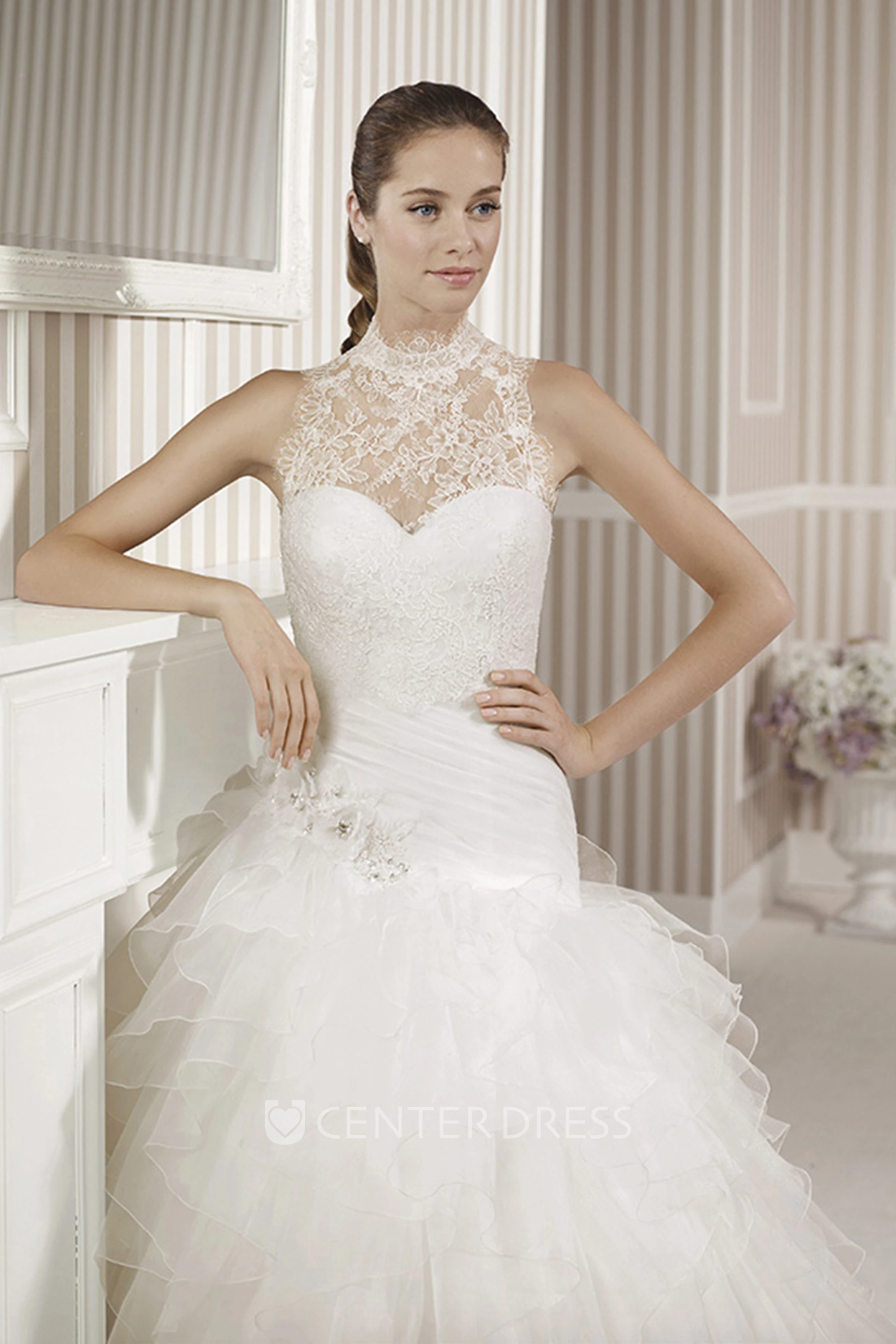 Ball Gown Ruffled Sweetheart Organza Wedding Dress With Criss Cross And Flower