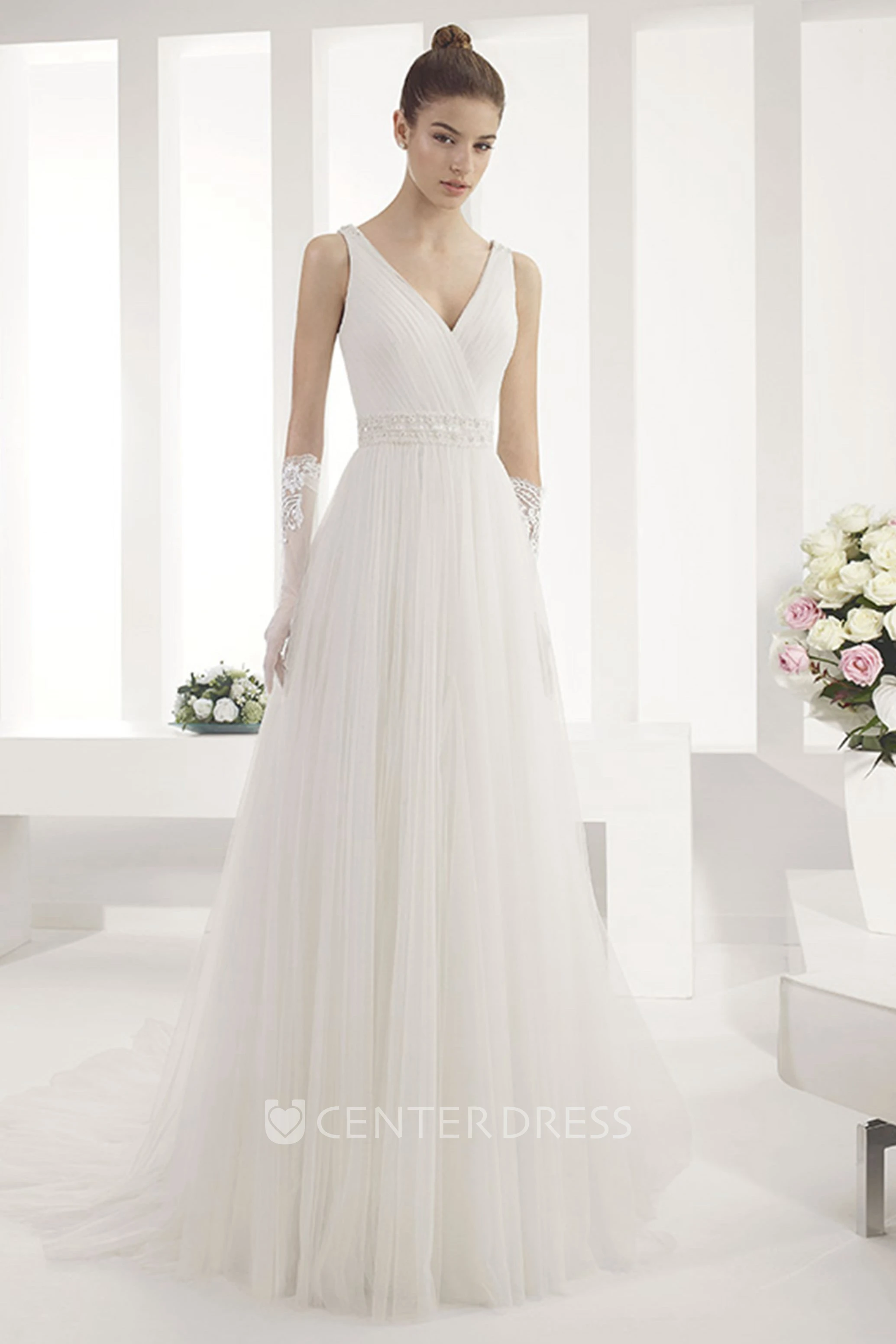 V Neck A-Line Pleated Tulle Gown With Criss Cross Bodice