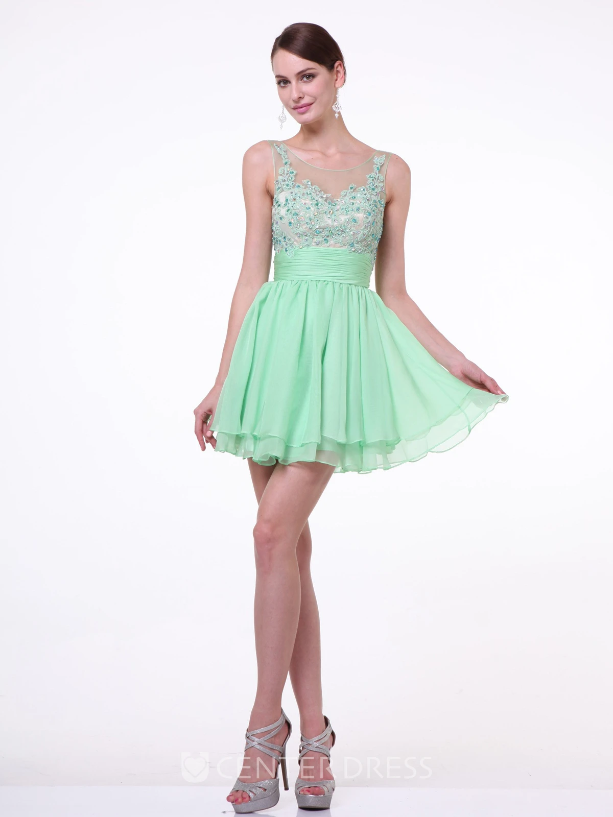 A-Line Short Bateau Sleeveless Chiffon Dress With Appliques And Tiers