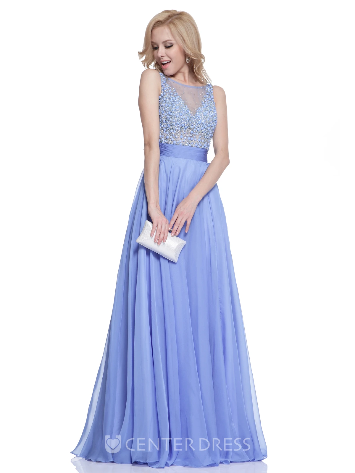A-Line Long Scoop-Neck Sleeveless Chiffon Low-V Back Dress With Beading And Pleats