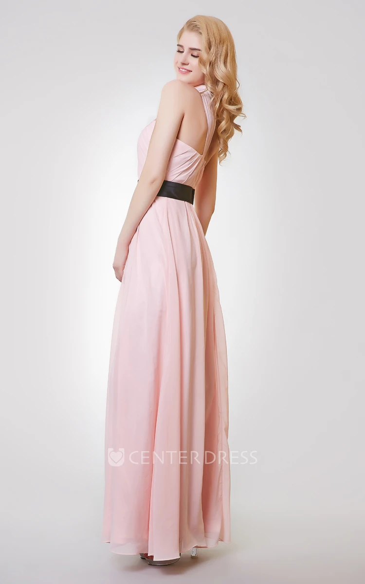 Sleeveless A-line Long Chiffon Dress With Ruching