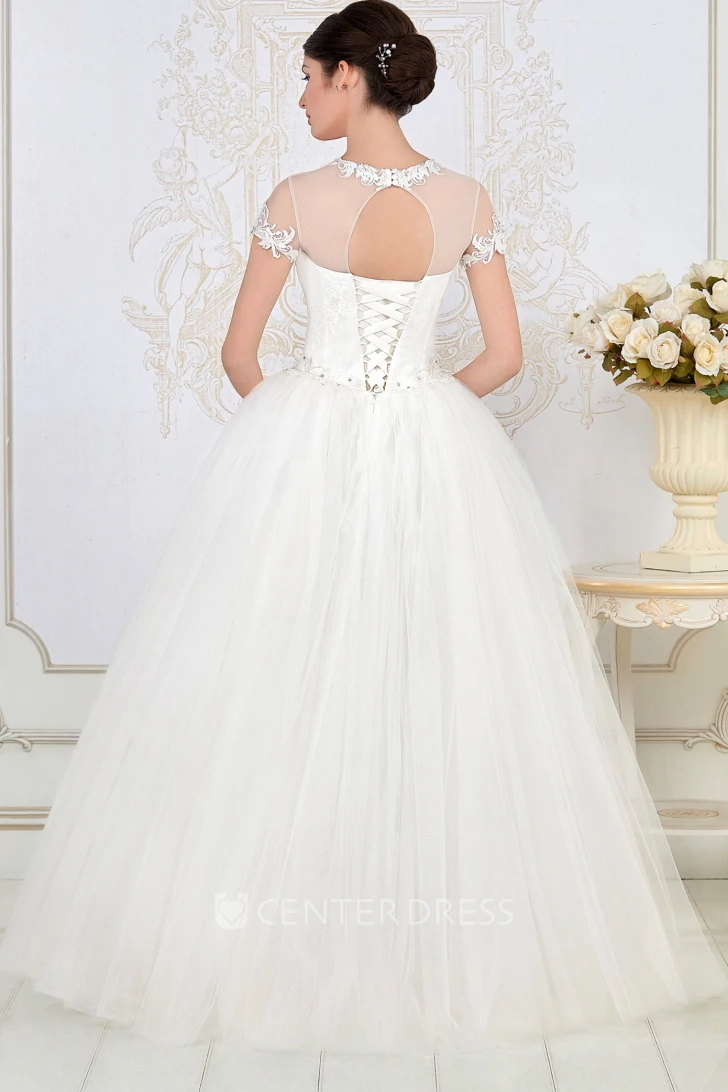 A-Line Long High-Neck Short-Sleeve Embroidered Tulle Wedding Dress With Pleats