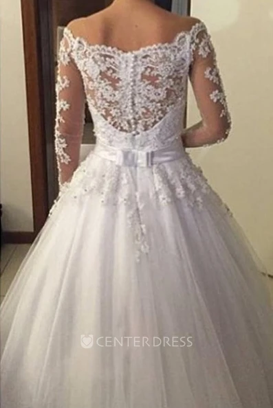 Elegant Long Sleeve Pleated A-line Lace Gown With Lace Back and Bow Belt