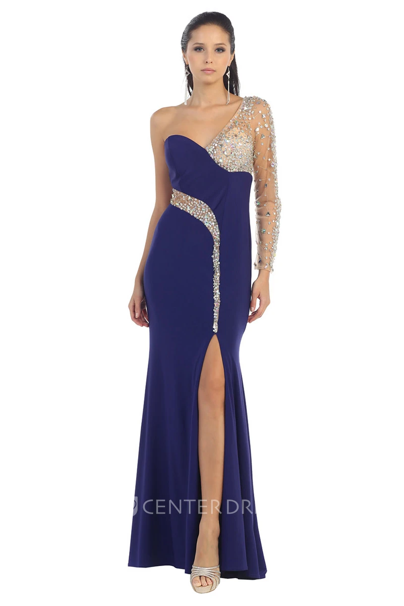 Sheath One-Shoulder Illusion Long Sleeve Jersey Dress With Split Front And Beading