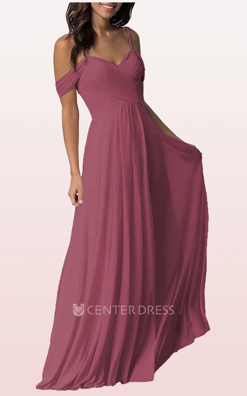 Chiffon Floor-length Off-the-shoulder A Line Sleeveless Bridesmaid Dress With Ruching