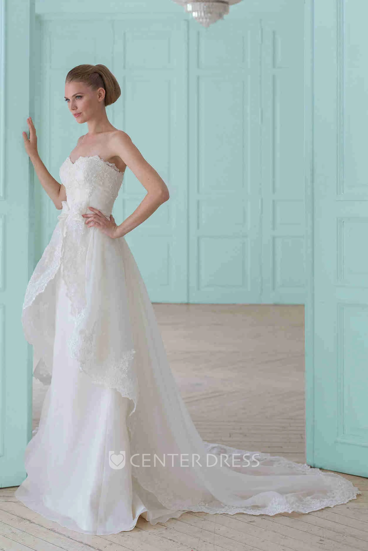 Sheath Sweetheart Floor-Length Organza Wedding Dress With Lace And Corset Back