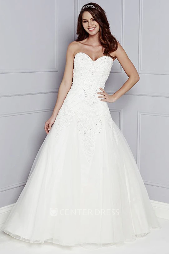 A-Line Long Sweetheart Sleeveless Beaded Tulle Wedding Dress