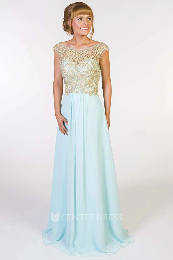 A-Line Beaded Scoop-Neck Cap-Sleeve Floor-Length Chiffon Prom Dress With Pleats