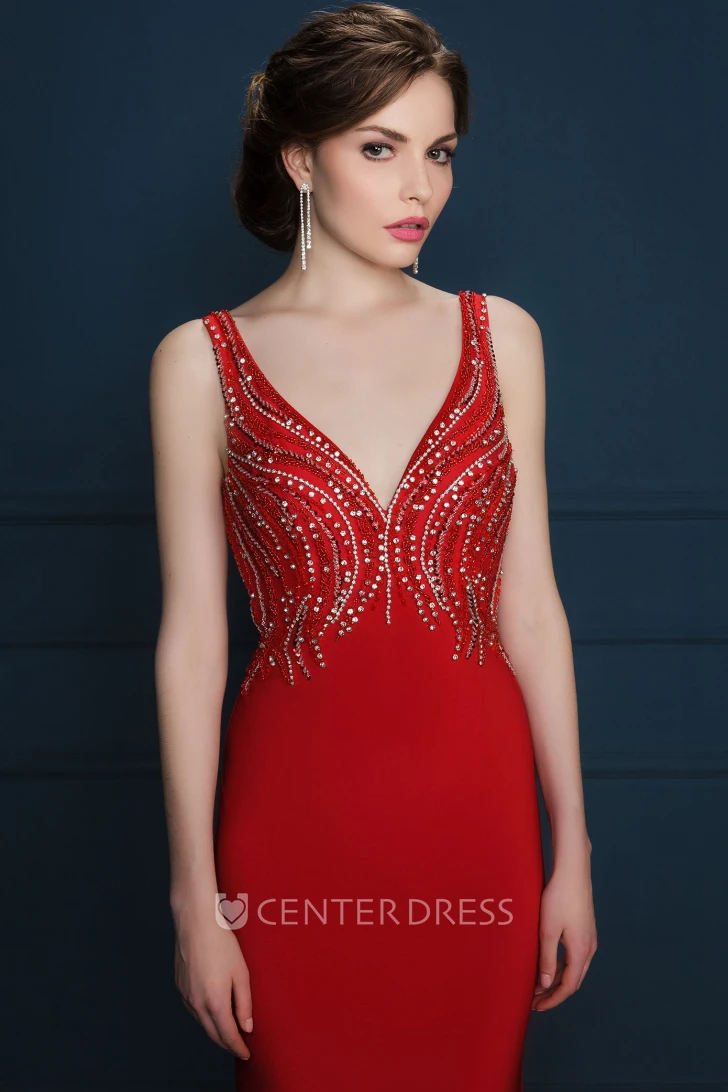 Sheath V-Neck Beaded Sleeveless Long Jersey Evening Dress