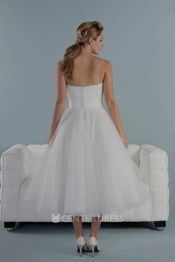 Tea-Length A-Line Strapless Jeweled Tulle Wedding Dress