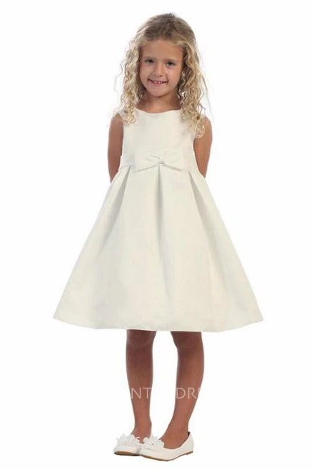 Split Knee-Length Tiered Pleated Satin Flower Girl Dress With Split Front