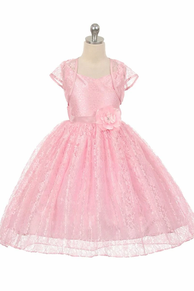 High-Low Floral Criss-Cross Lace Flower Girl Dress With Sash