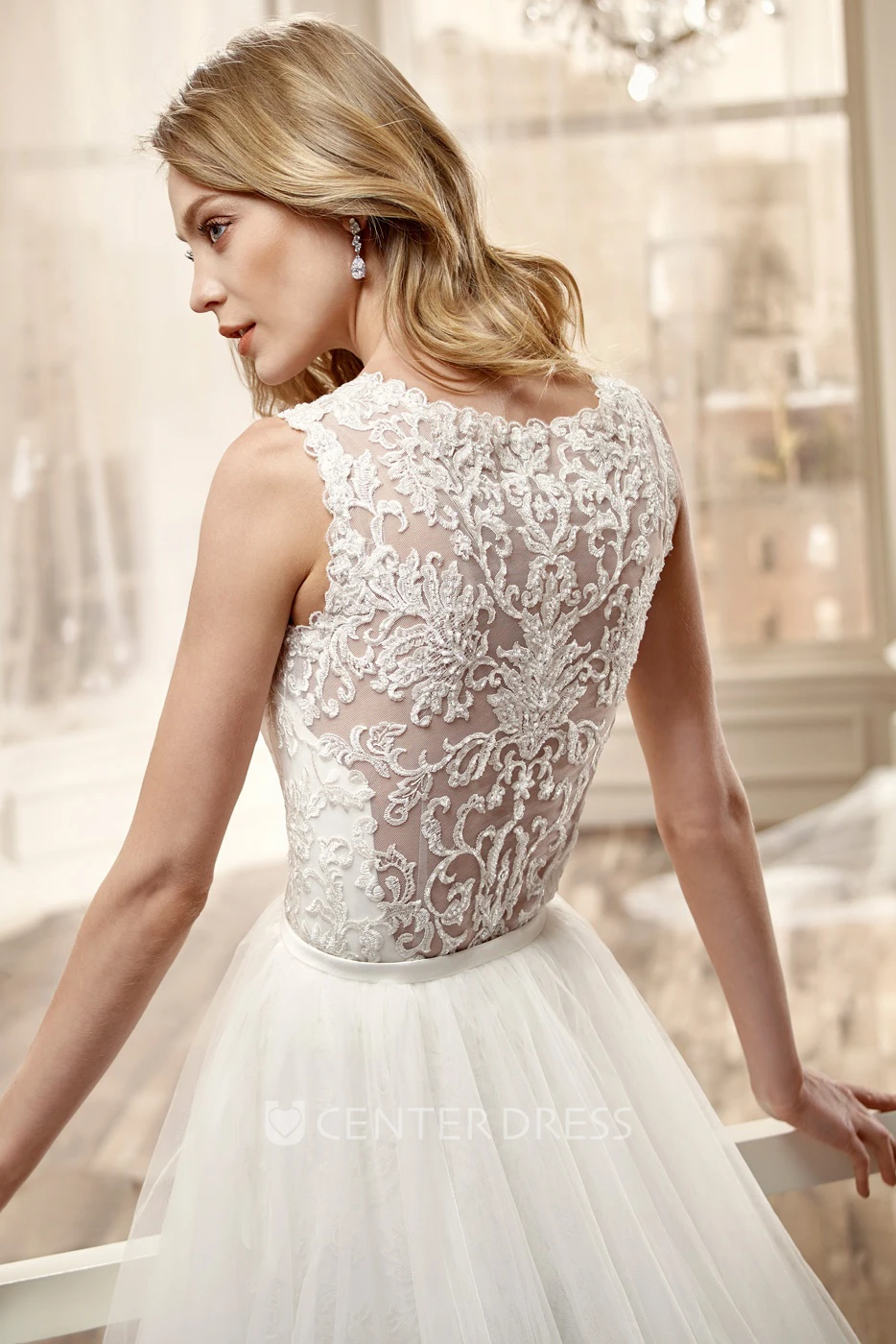 Jewel-Neck Side-Split Wedding Dress With Tulle Overlayer And Lace Bodice